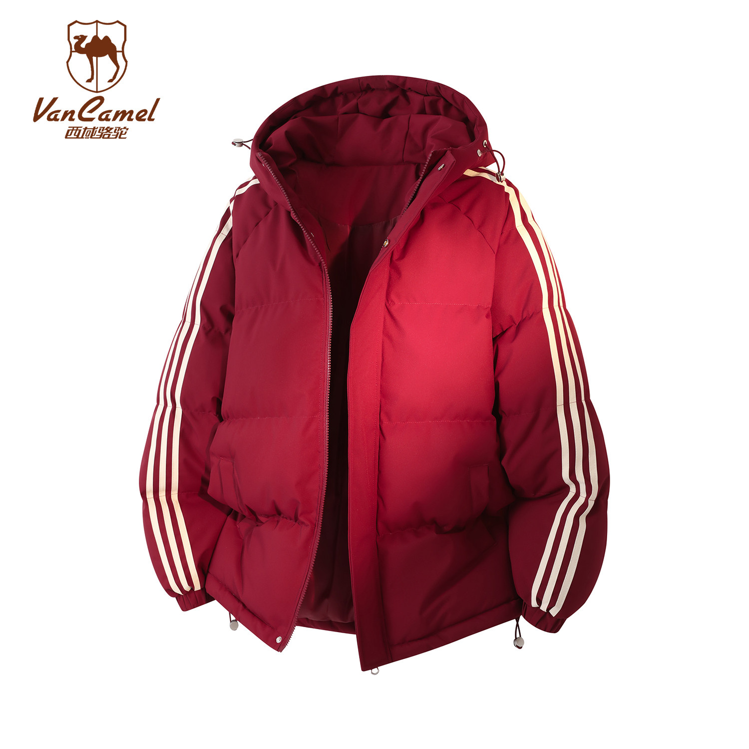 VANCAMEL西域骆驼美式条纹连帽棉服男女冬季加厚保暖宽松休闲棉衣