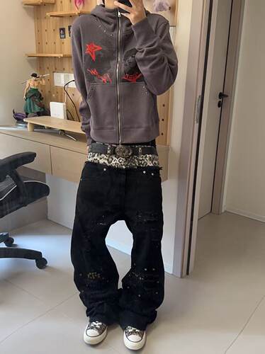 Ezwik Rex豹纹破洞铆钉双腰弯刀牛仔裤亚文化视觉街头男女裤子