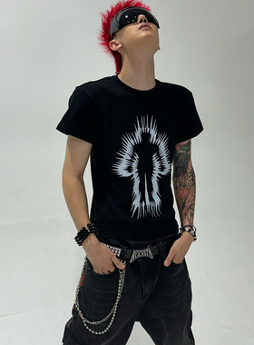 Ezwik原创暗黑朋克人形尖刺刺猬LOGO印花修身短袖