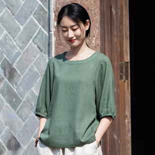 新款 文艺圆领泡泡袖 24夏季 棉麻女装 T恤 亚麻衬衫 上衣减龄套头短袖