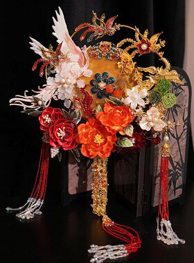 新娘结婚秀禾服团扇新中式非遗缠花遮面花朵金色成品双面团扇