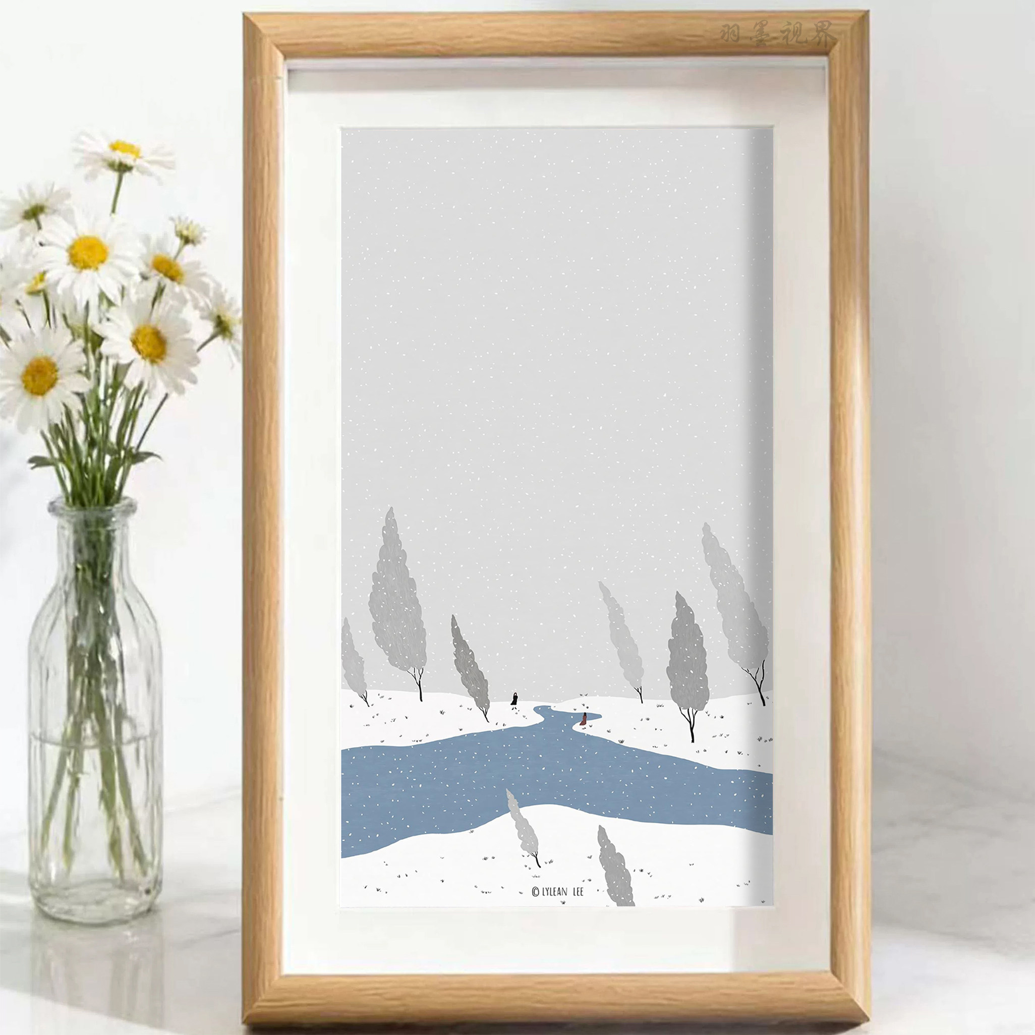 北欧风冬日雪景插画装饰画摆画