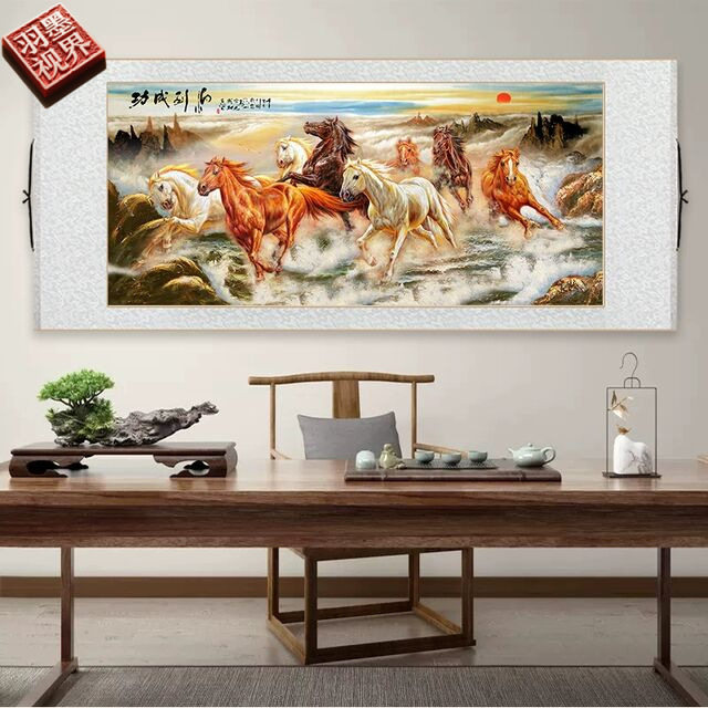 马到成功挂画高清八骏图新中式客厅装饰画办公室书房茶室骏马壁画