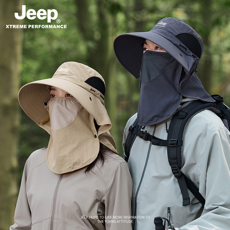 jeep吉普女士渔夫帽夏季户外登山面罩男士遮阳徒步防晒太阳帽子男