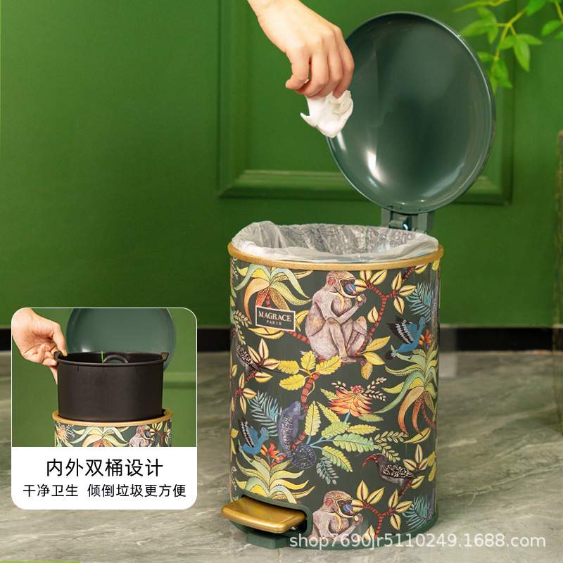 法国MAGRACE复古大容量丛林猴影脚踏式垃圾桶家用客厅卧室带盖桶