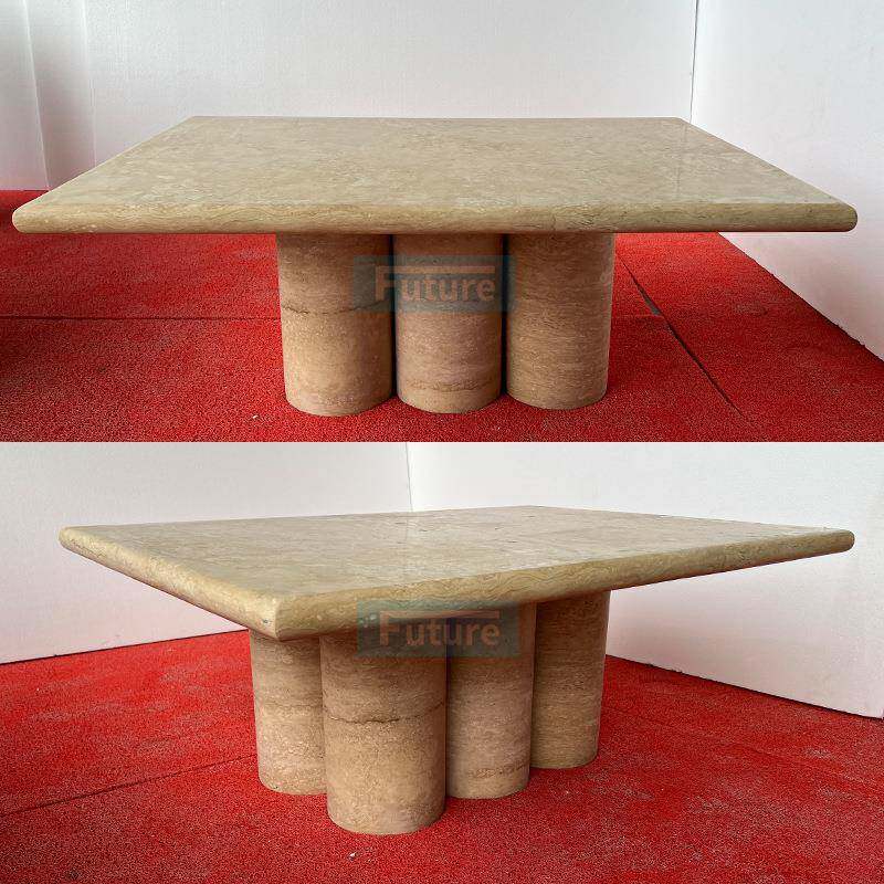 天然米黄色洞石长方形6脚餐桌大理石台面家具按要求设计茶几边几