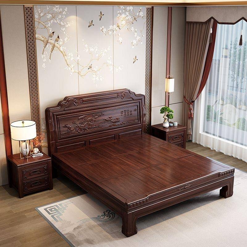 南美紫檀木明清古典雕花实木床1米8新中式双人主卧1.5加厚老虎脚