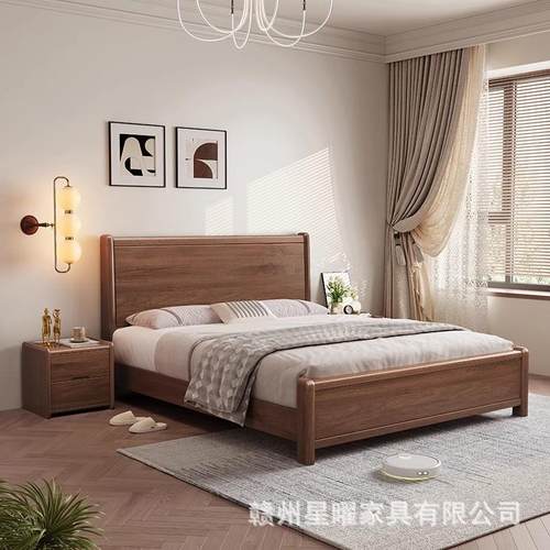 全实木床1米8胡桃木床现代简约卧室双人大床北欧主卧原木储物婚床