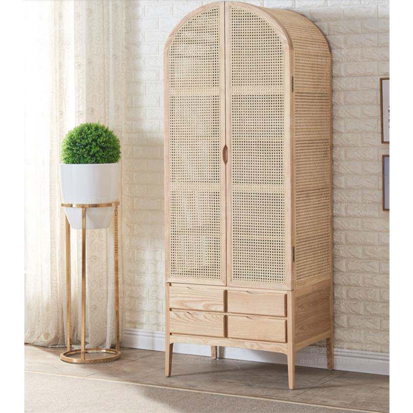 美式实木衣柜小户型卧室藤编收纳柜简约现代民宿衣橱法式复古柜子