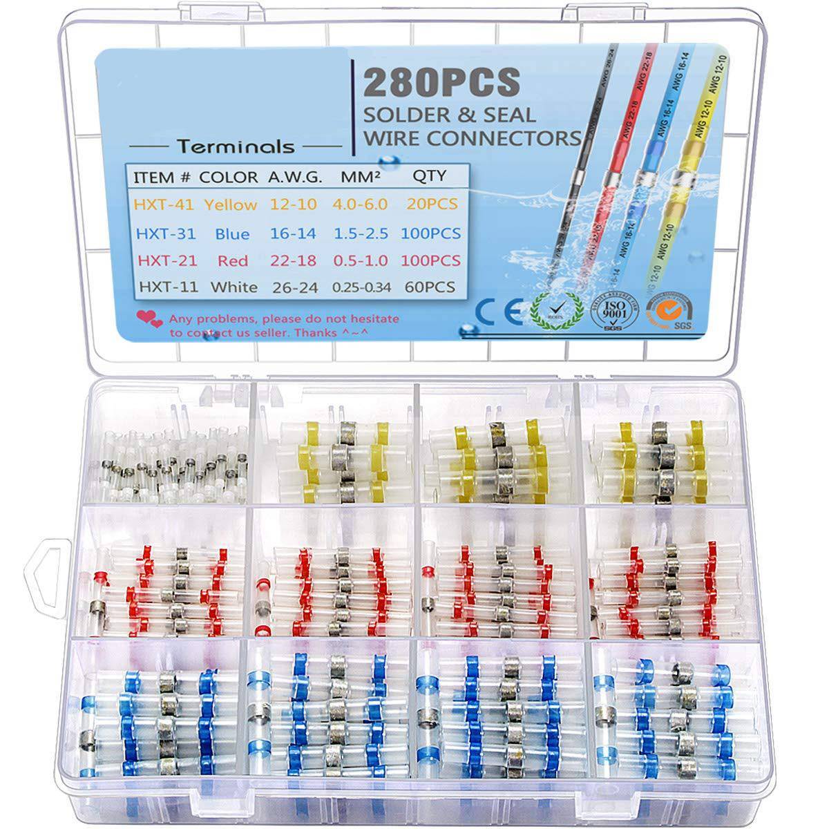 280PCS组合盒装防水焊锡环热缩中接端子焊锡环热缩套管接线端子
