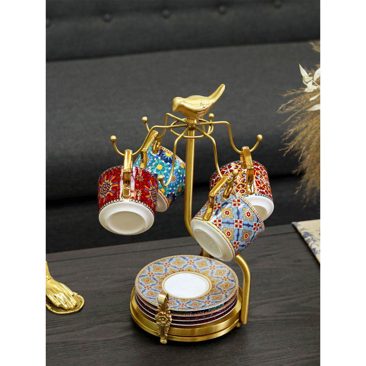 费灵家居轻奢黄铜咖啡杯碟收纳水杯杯子架家用客厅餐桌杯碟置物架