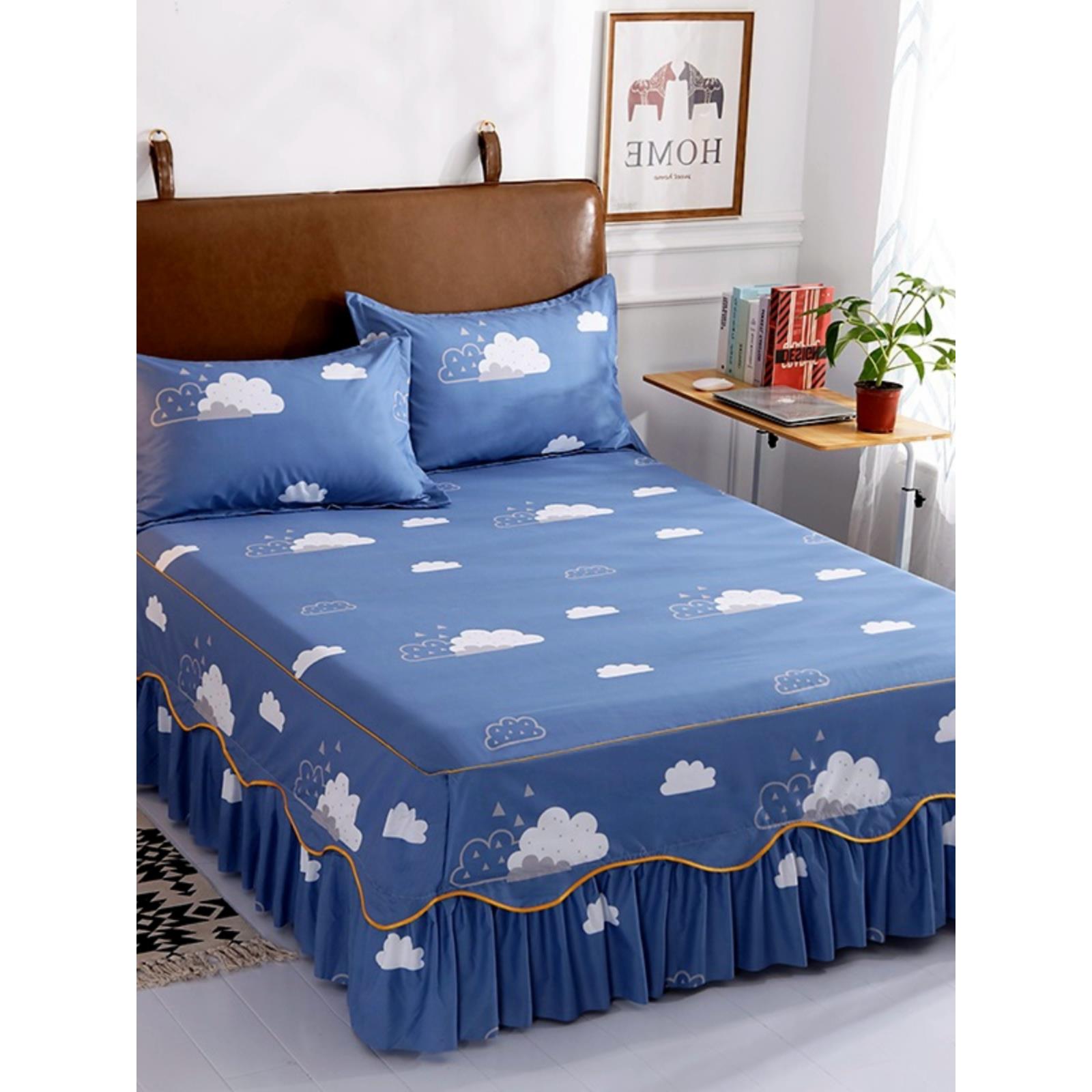 水洗棉床裙单件150x200床罩保护套1.8米双人防滑款床单三件套柔软