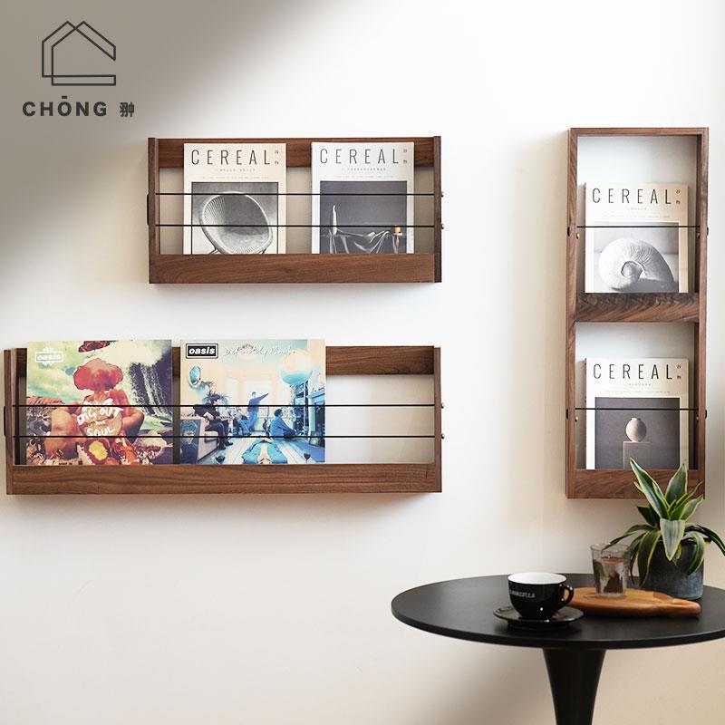 黑胡桃木墙上置物架壁挂书报杂志黑胶收纳客厅墙面装饰品创意实木
