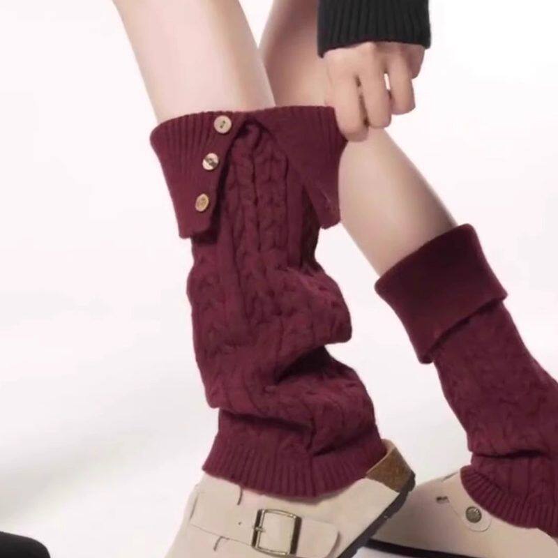 秋冬麻花纹Y2K针织腿套白色复古翻边安可拉红堆堆袜套配雪地靴女