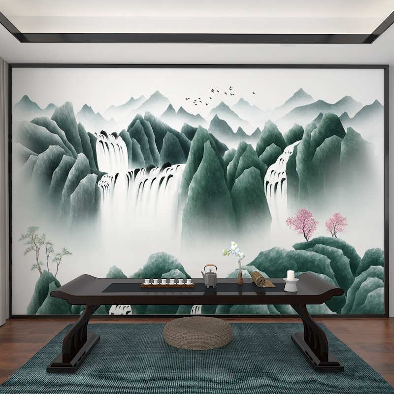新中式影视墙壁纸意境水墨画电视背景墙墙纸O壁画书房茶室古典墙