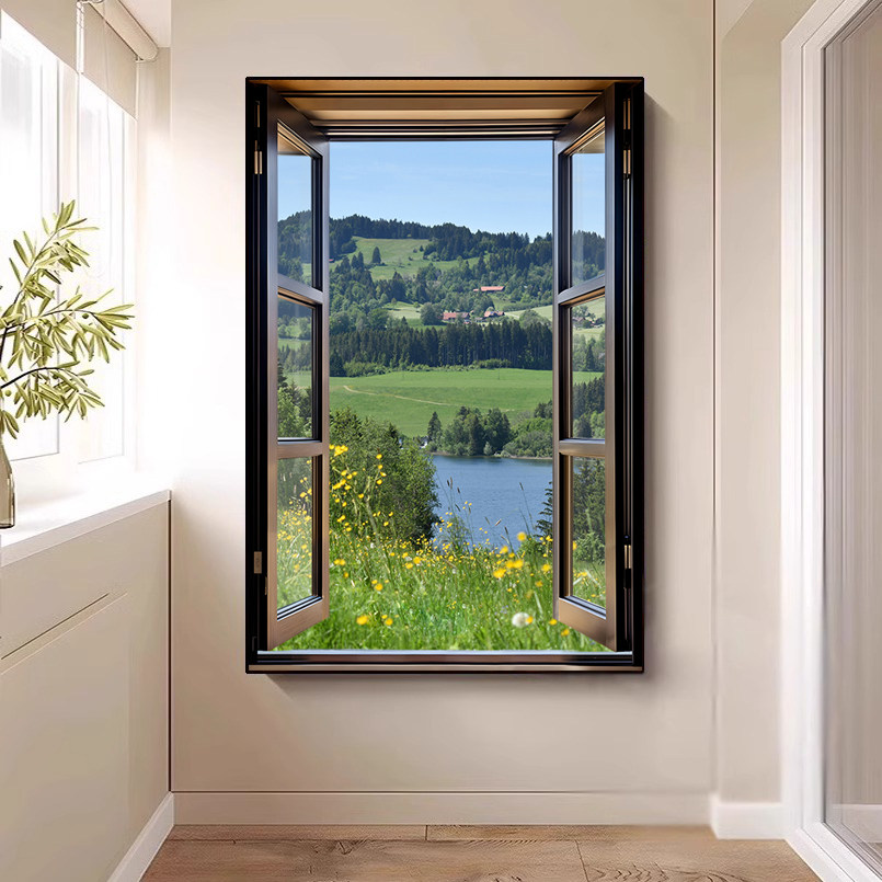 逼真假窗户装饰画玄关无窗扩展山水风景客厅空间延伸感挂画可定制