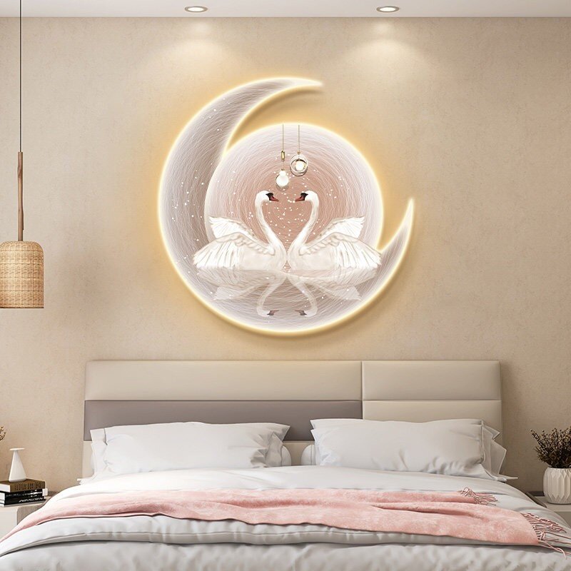 轻奢现代卧室装饰画高级感天鹅主卧房间床头背景墙挂画led灯壁画