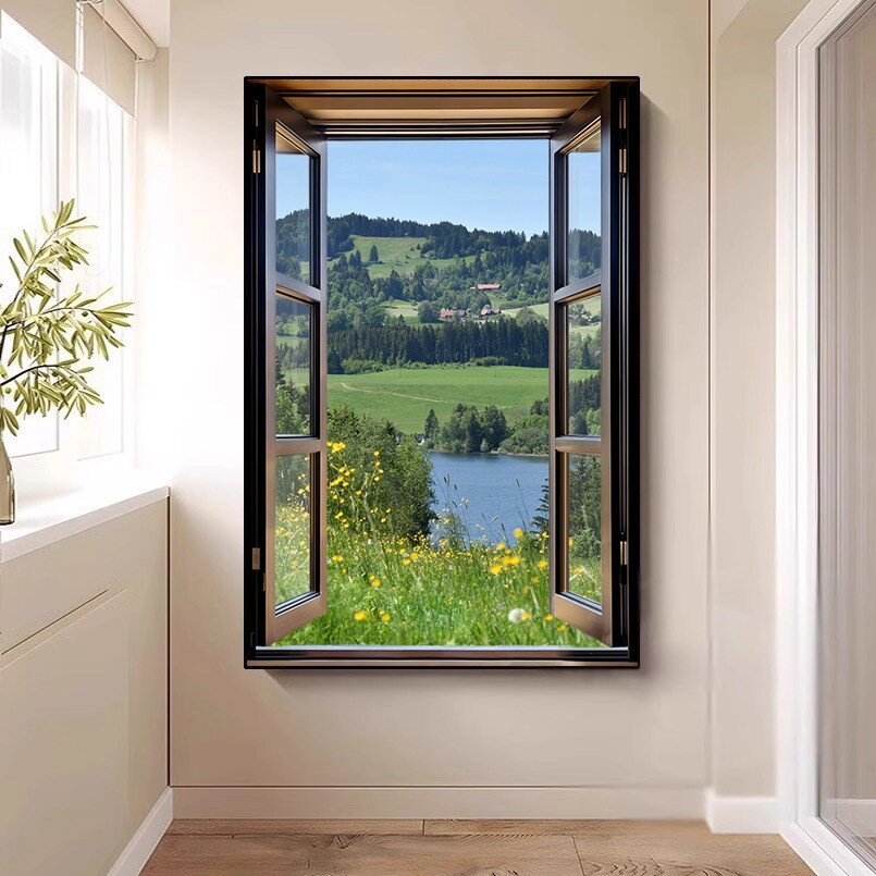 逼真假窗户装饰画玄关无窗扩展山水风景客厅空间延伸感挂画可定制