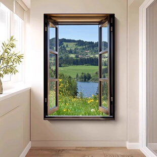 逼真假窗户装饰画玄关无窗扩展山水风景客厅空间延伸感挂画可定制