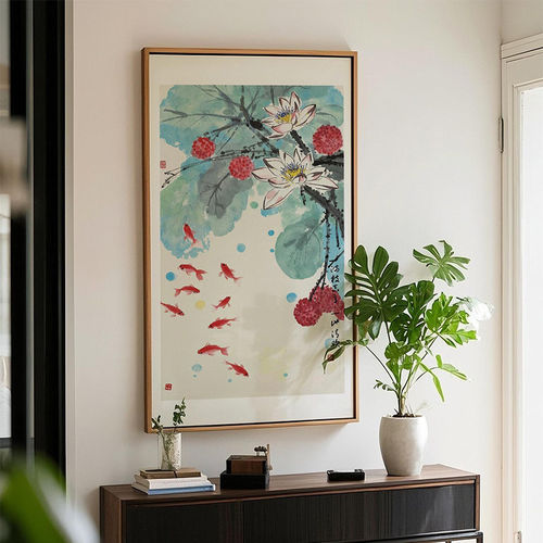 新中式鱼戏莲花图玄关装饰画荷花正对入户门口走廊过道背景墙挂画