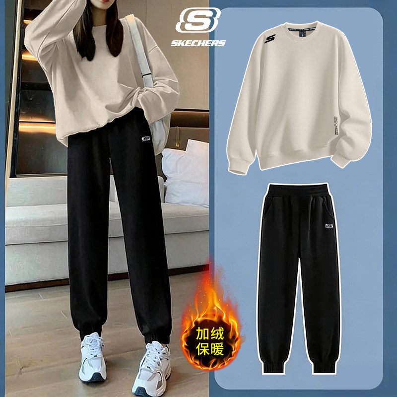 斯凯奇休闲运动服套装女冬季新款学生宽松显瘦圆领卫衣跑步两件套