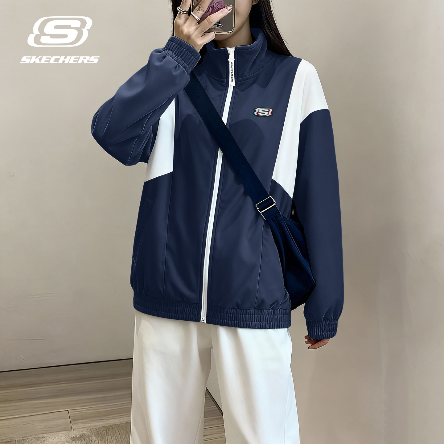 斯凯奇运动外套女梭织立领百搭休