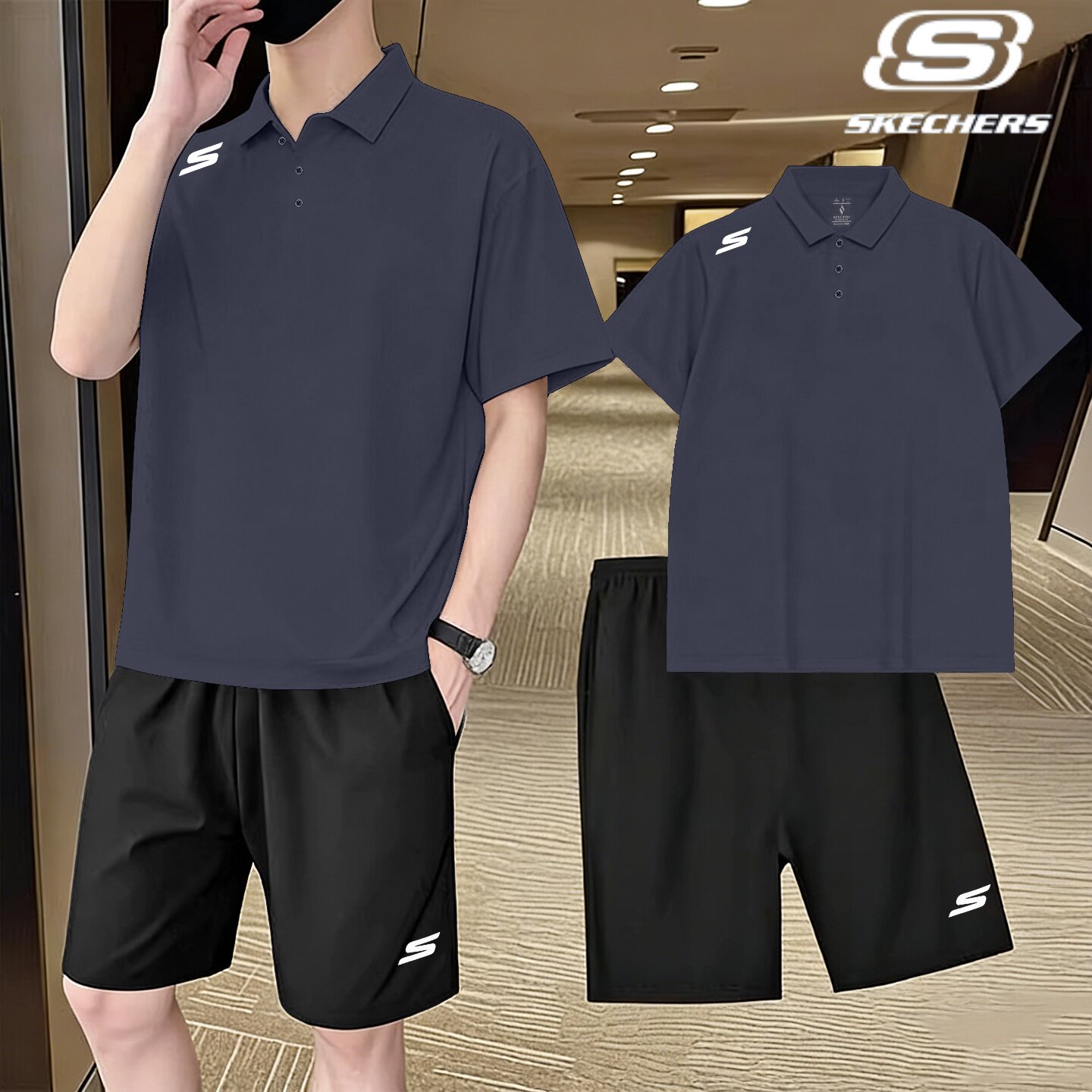 斯凯奇运动套装男夏季冰丝短裤短袖POLO衫官网旗舰跑步速干两件套