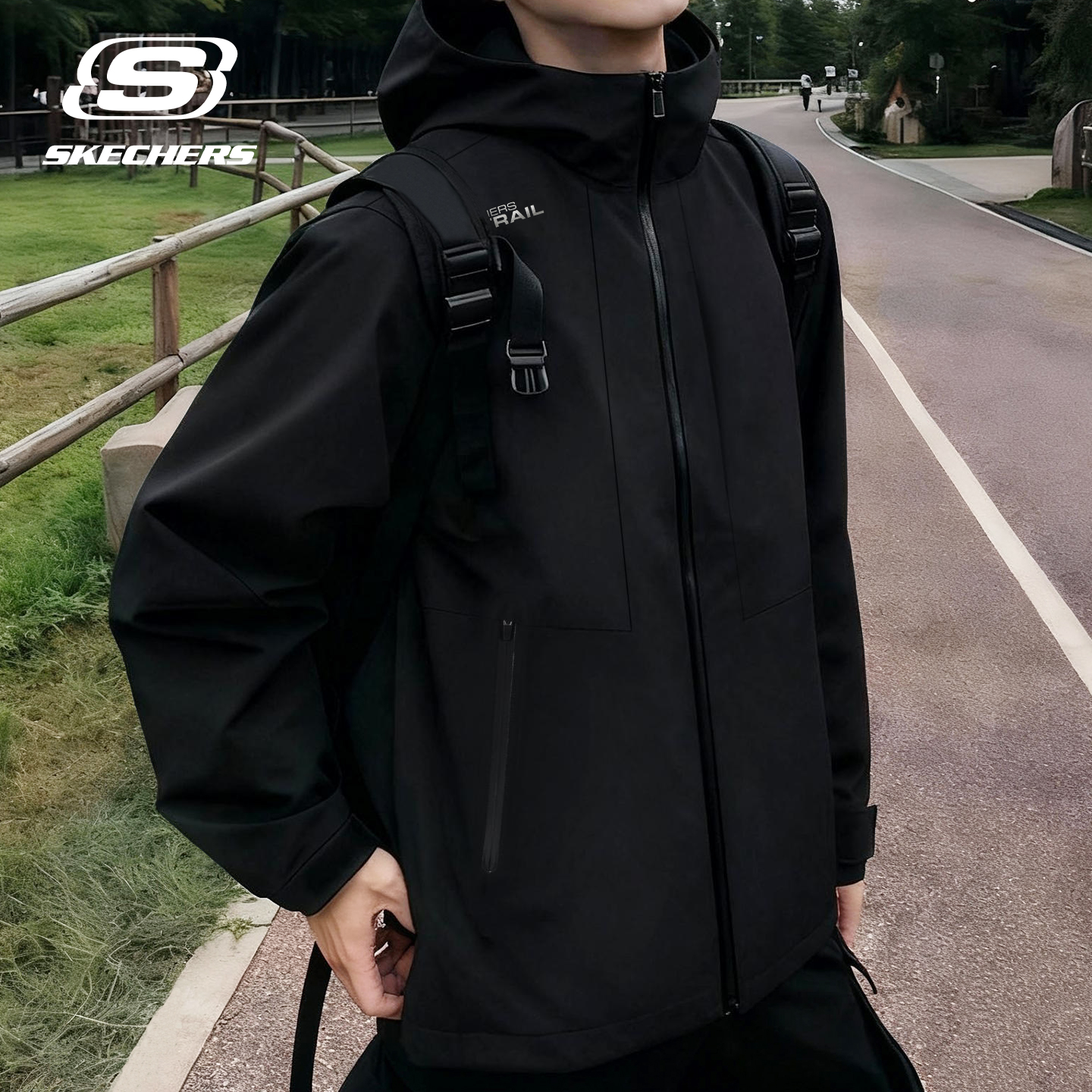 斯凯奇黑色冲锋衣男户外登山服外