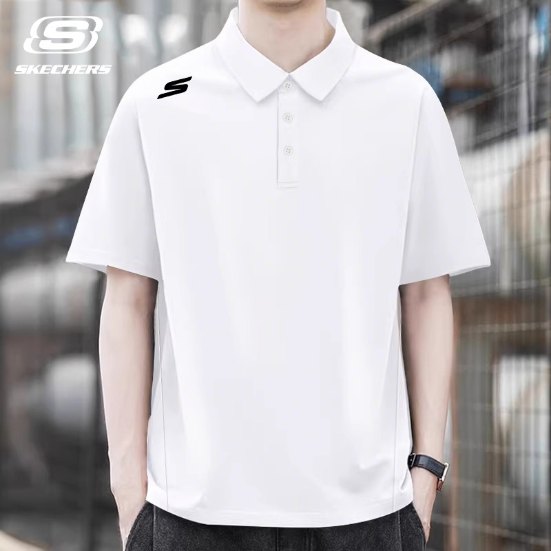 斯凯奇白色翻领短袖polo衫男生夏季宽松大码针织T恤薄款运动上衣