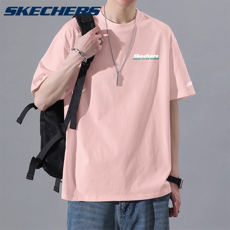 斯凯奇经典t恤男夏季新款纯棉短袖官网旗舰大码男装粉色休闲半袖