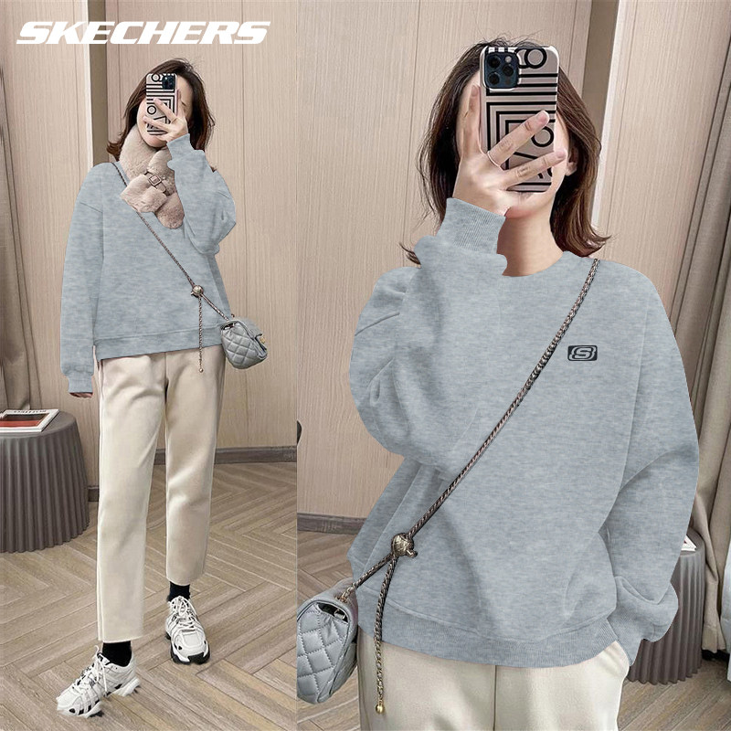 斯凯奇女款灰色卫衣秋冬大码圆领气质女装字母印花加绒运动套头衫