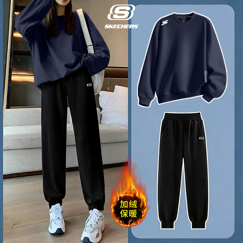 斯凯奇加绒卫衣套装女冬季新款宽松长袖上衣女打底内搭加厚运动裤