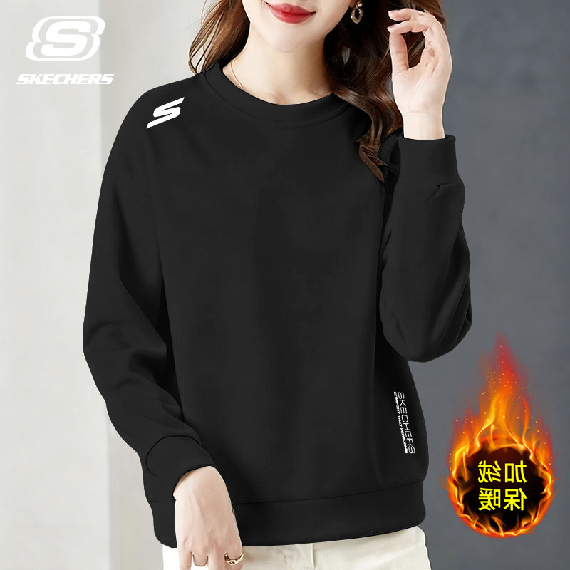 斯凯奇中年妈妈卫衣女秋冬季加绒保暖宽松大码长袖圆领套头休闲服