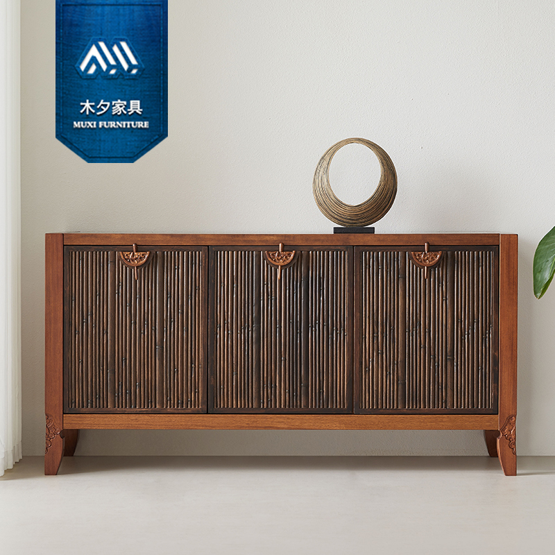 木夕新中式东南亚风格槟榔色胡桃实木家具竹节雕花储物酒餐边柜