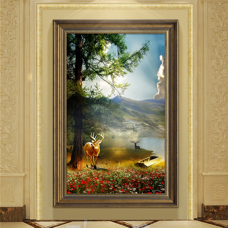 美式入户玄关装饰画竖版欧式风挂画走廊过道尽头壁画客厅油画麋鹿图片