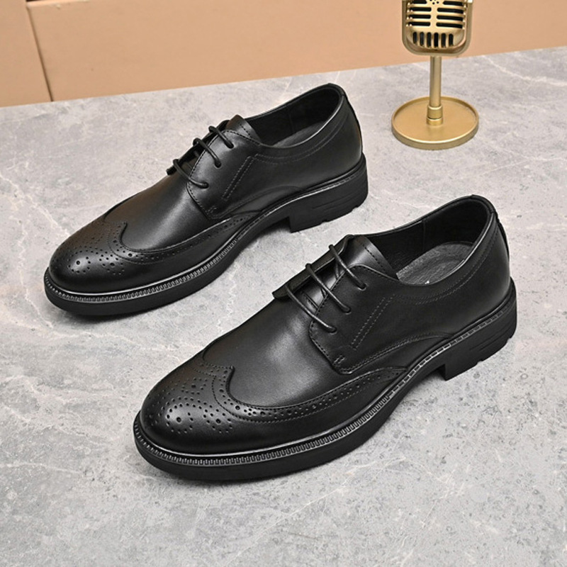 欧洲站男鞋春秋商务休闲皮鞋橡胶底布洛克男士真皮正装软皮鞋透气