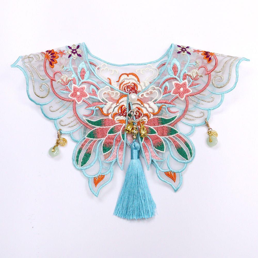 汉服配饰披肩宠物围巾国风流苏猫咪狗狗围兜蓝色莲花刺绣中式围脖