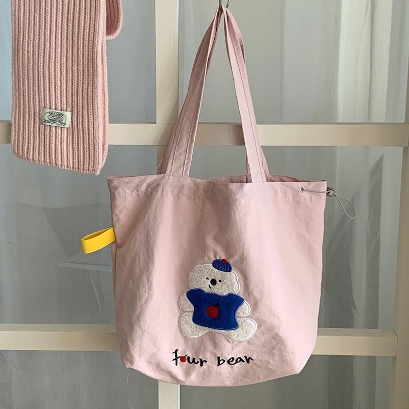 原来新的小生境刺绣可爱的动物拉绳肩袋简单的大容量工作通勤包的