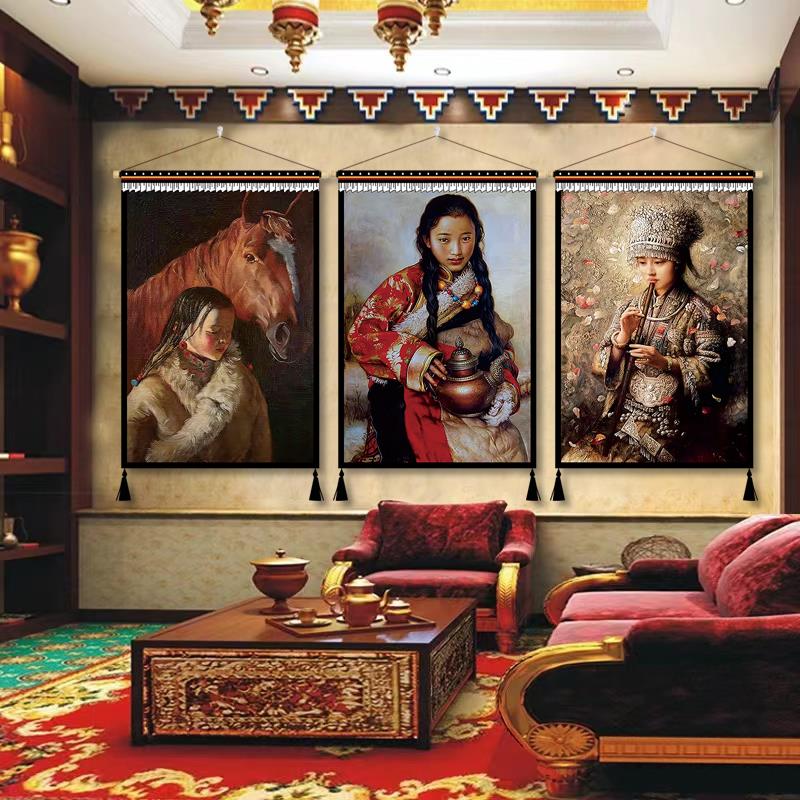 藏族人物挂画挂毯藏风民宿客栈餐厅酒店室内墙面布艺装饰画布挂布