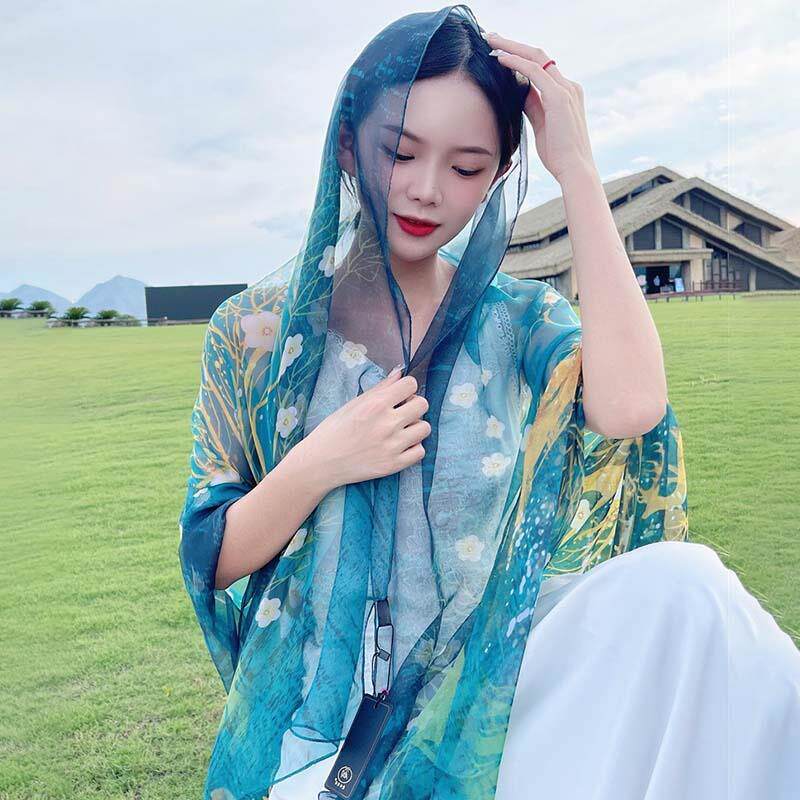 夏季优柔纱披肩女春秋围巾超大防晒丝巾纱巾旅游薄款披风沙滩巾