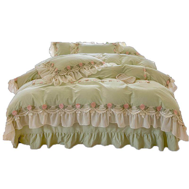 热销韩式绿色水洗床上四件套100纯棉公主风蕾丝花边被套床单少女4