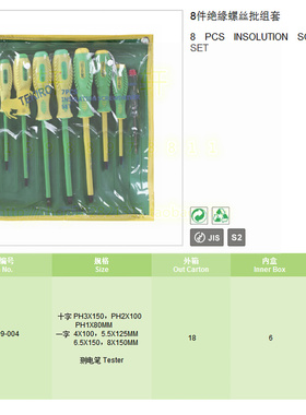 。拓马工具 8件绝缘螺丝批组套 TPR手柄绝缘螺丝批套装 终身保用