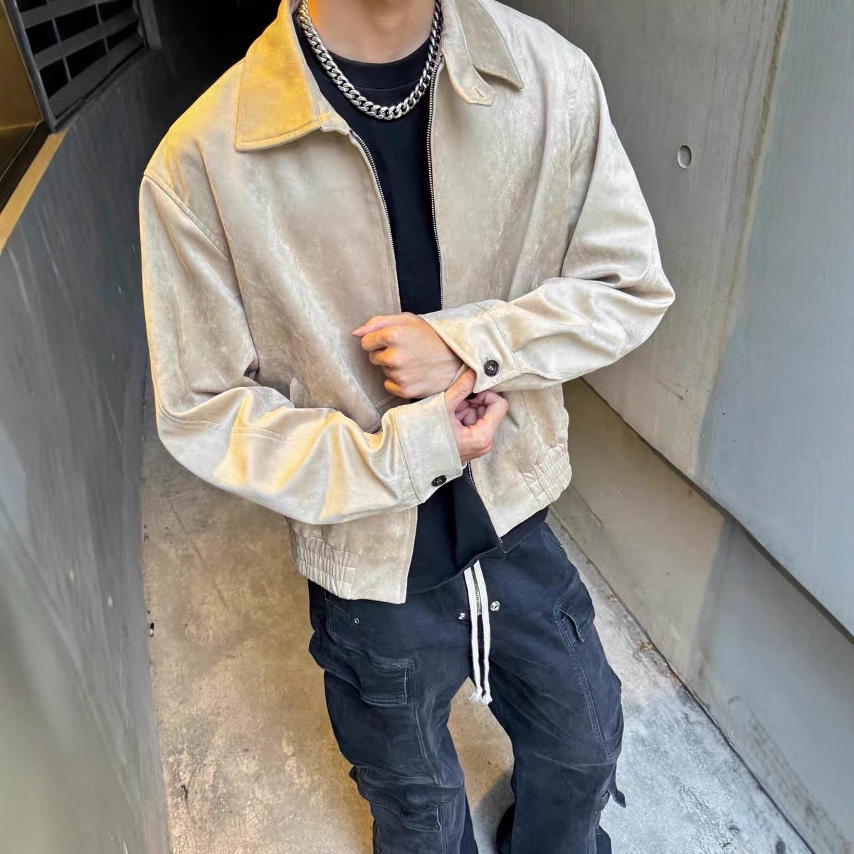 【YIHO O】NewDecay24FW麂皮绒活页复古哈灵顿翻领夹克老钱风外套