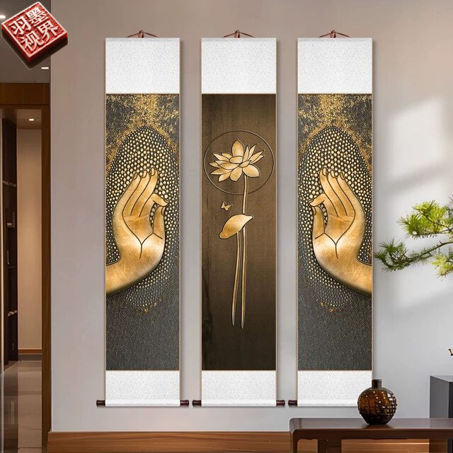 佛手青莲莲花卷轴挂画新中式禅意荷花装饰画佛系古风画瑜伽馆壁画