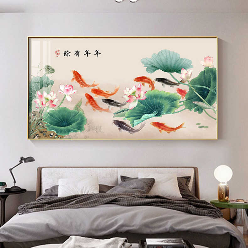 新中式荷花九鱼图装饰画客厅横版沙发背景墙挂画鲤鱼荷叶莲花晶瓷图片