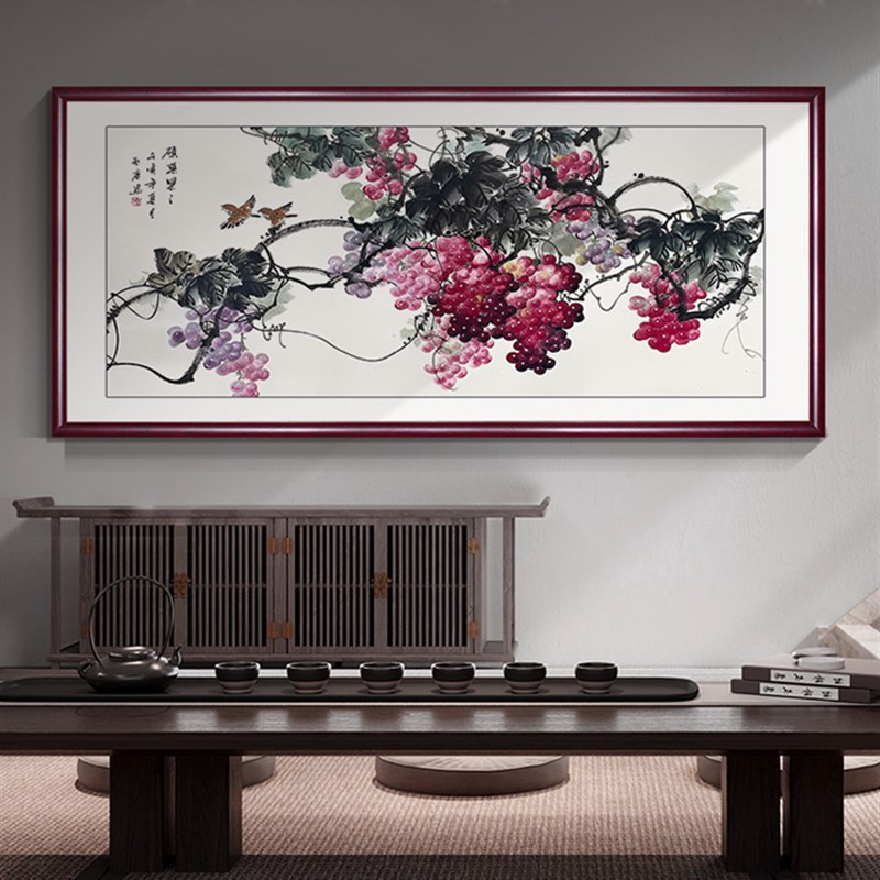 纯手绘葡萄水果饭厅挂画新中式客厅沙发背景墙国画中国风装饰壁画图片