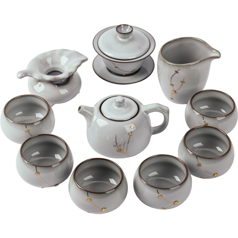 茶具锔钉功夫茶具陶瓷家用汝窑盖碗茶壶茶杯陶瓷复古补钉茶具开片