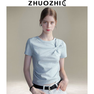 卓芝 新款 法式 2026夏季 显瘦通勤上衣 设计感蝴蝶结纯色T恤短袖