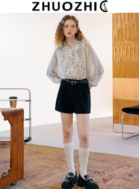 【卓芝】法式蓝紫色木耳边长袖衬衫2025秋季新款宽松气质百搭上衣