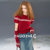 卓芝 新款 法式 圆领圣诞费尔岛针织衫 2025冬季 复古提花修身 毛衣